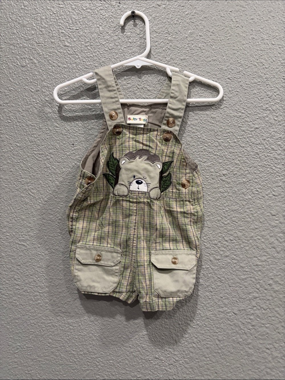Green Plaid Lion Appliqué One-Piece Overalls